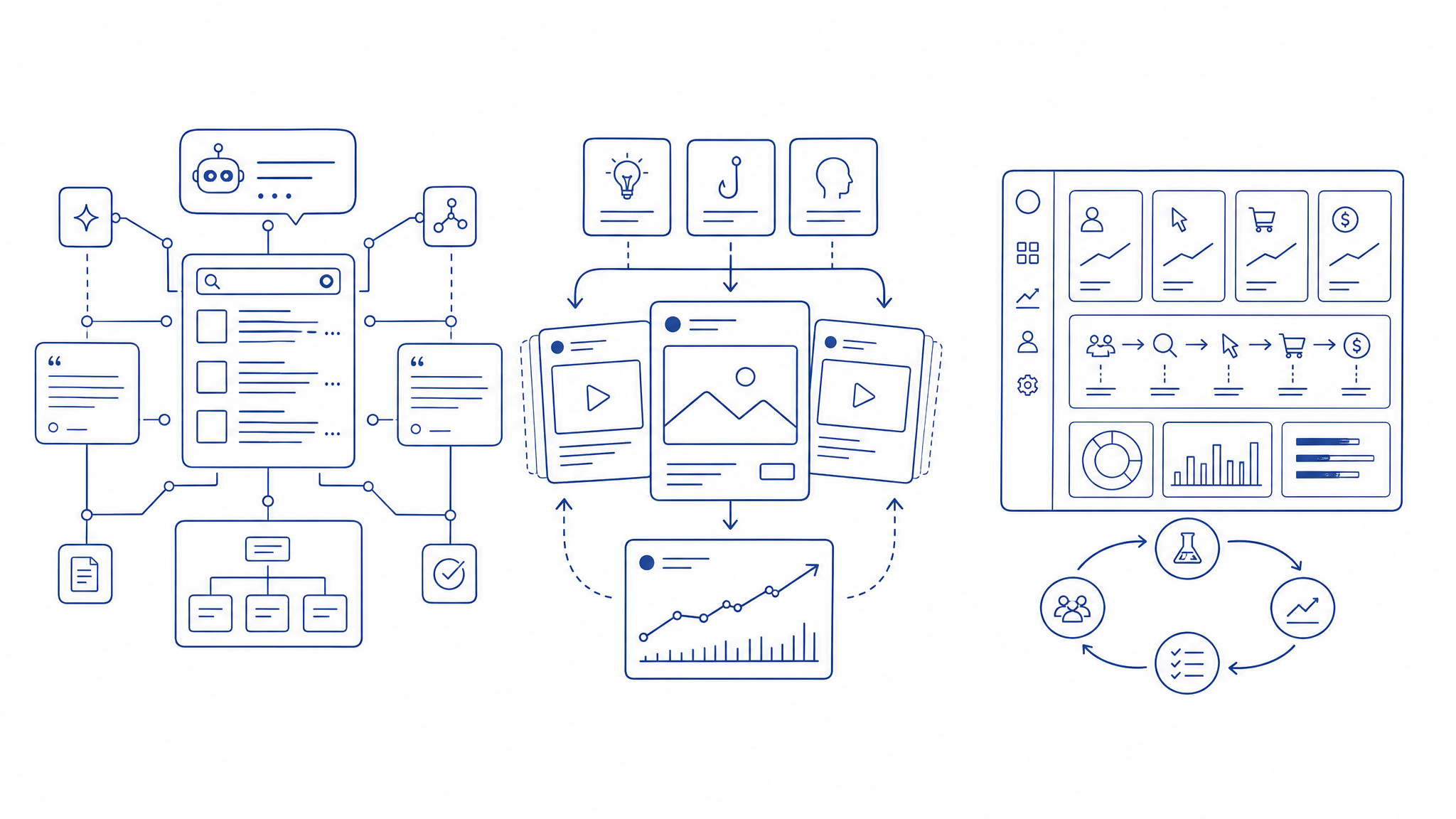 Blue line Wieldr illustration of Meta Ads creative cards, arrows, and performance signals